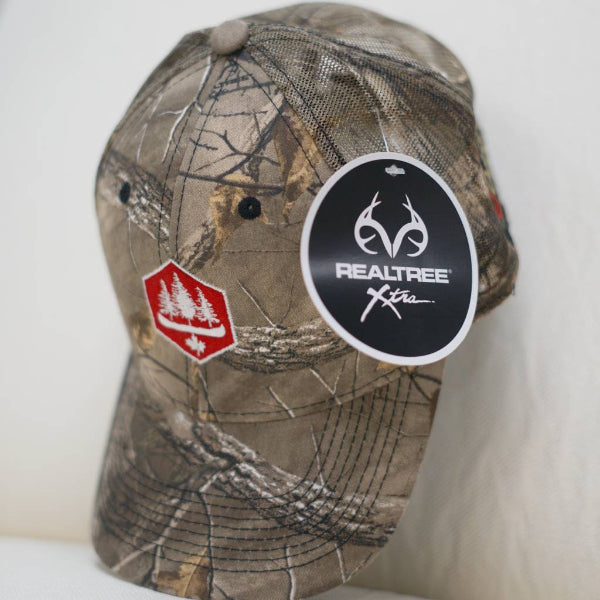 Solid camo hat, red obsc logo, mesh back adjustable mesh back
