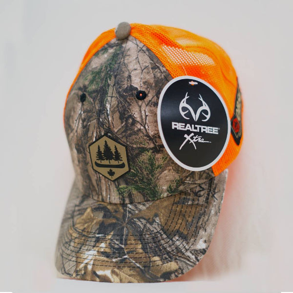 Camo and orange mesh back ball cap, adjustable with OBSC logo