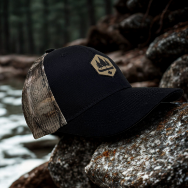 Black ball cap with mesh camo back, Obsc logo, adjsutable