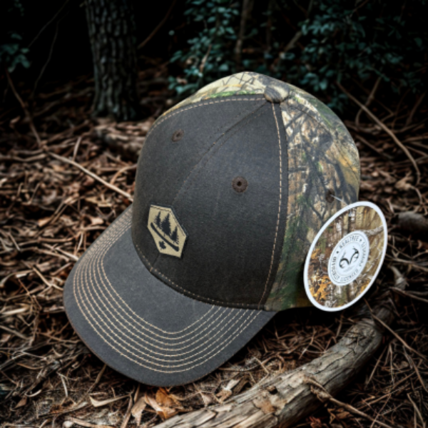 Weathered brown and camo ball cap, OBSC logo, solid back