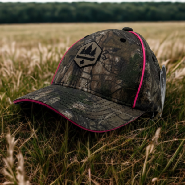 All camo hat with pink accents trim, obsc logofill back adjustable